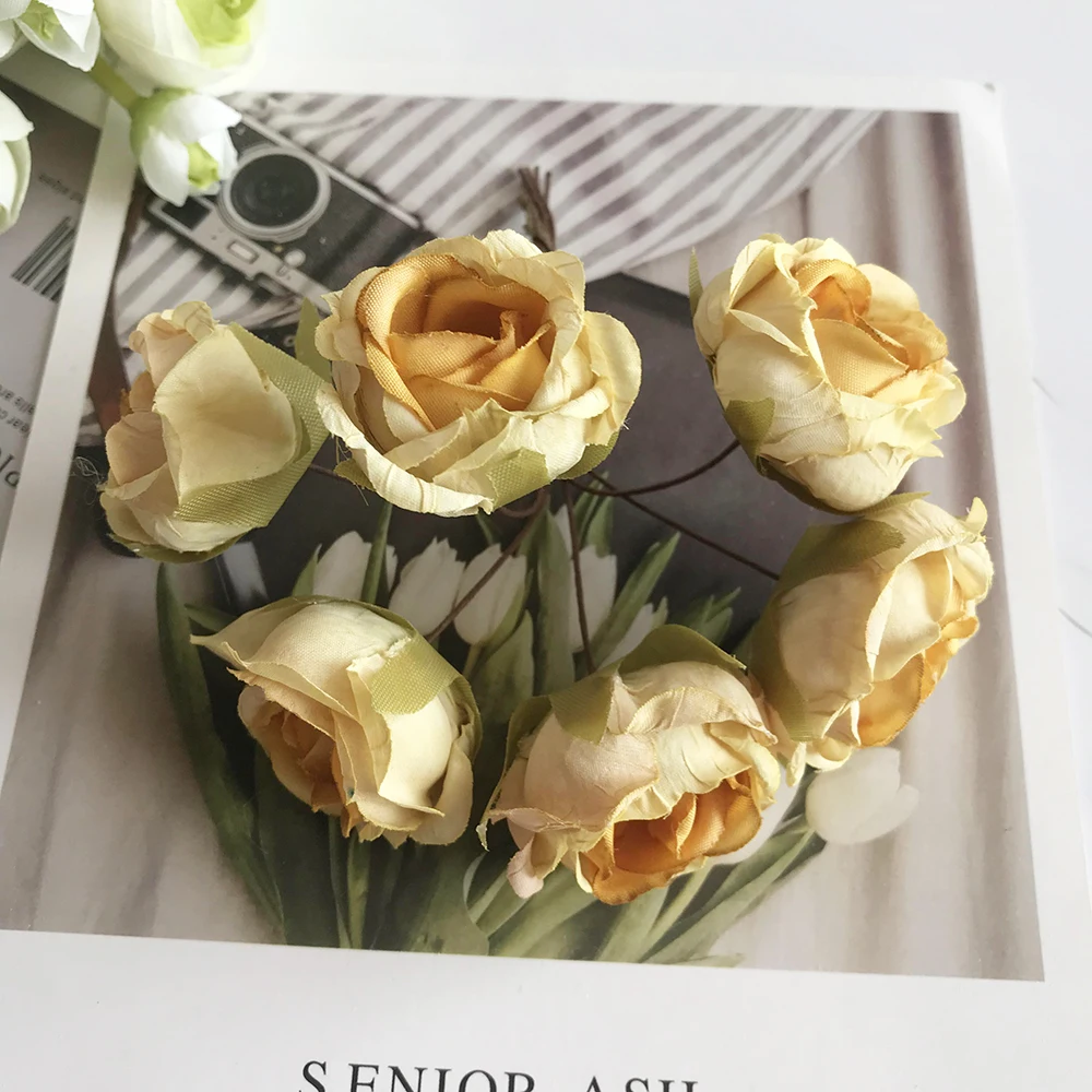 Description Picture 6 of itemEuropean-style retro rayon tea roses 6 small flower buds bouquet wedding home retro fake flower party DIY decoration