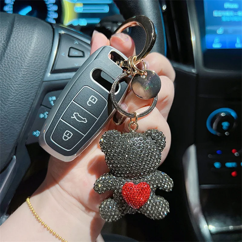 Ceramic Clay Full Diamond Love Little Bear Key chain Metal Big Ring Cute Toy Cartoon Key chain Girl Gift 3