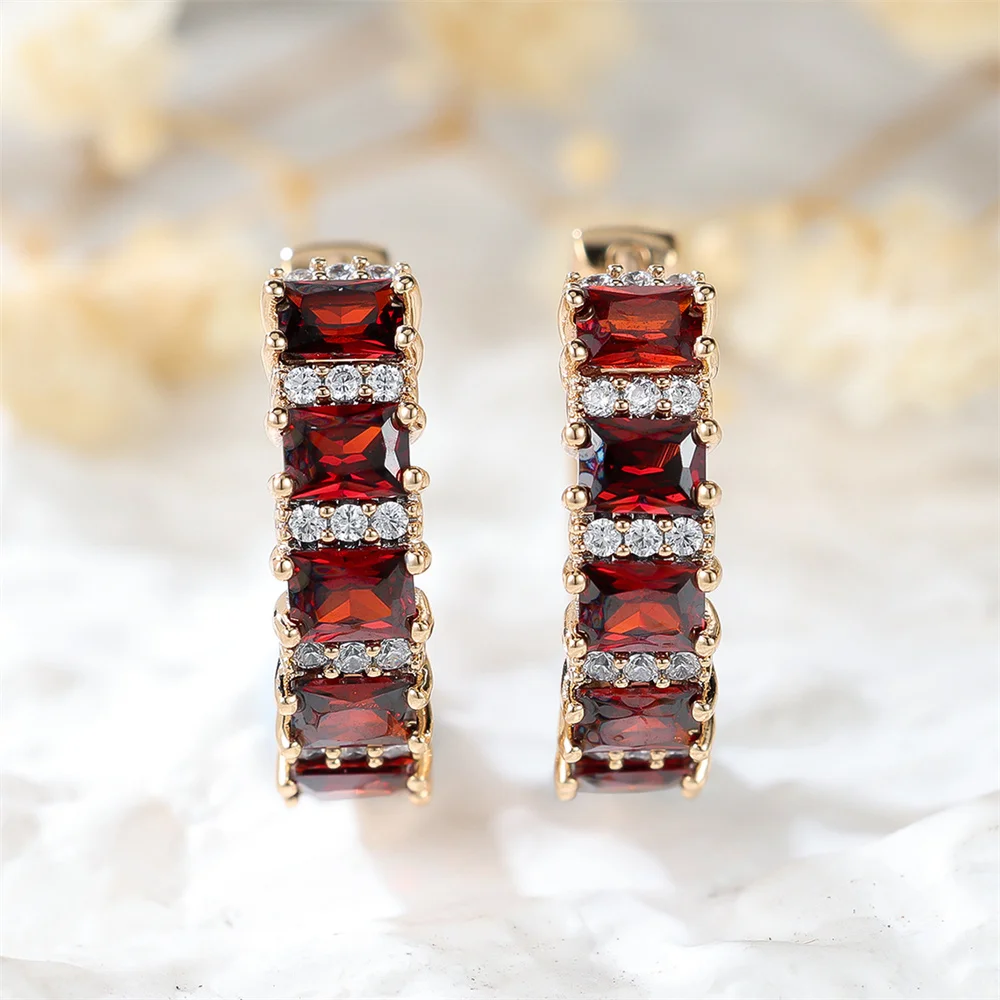 Red Crystal Square Stone Small Hoop Earrings For Women Vintage Gold Color Birthstone Ear Buckle Wedding Jewelry Versatile Gifts