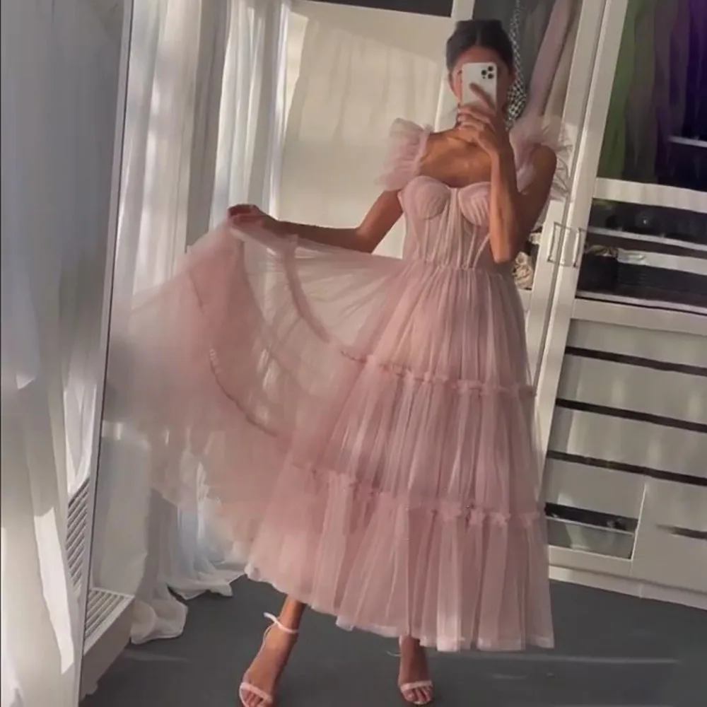 Simple Pink Prom Dresses Spaghetti Straps Tiered Tulle Prom Gowns Exposed Boning A-Line Tea-Length Wedding Party Dresses sage green prom dress