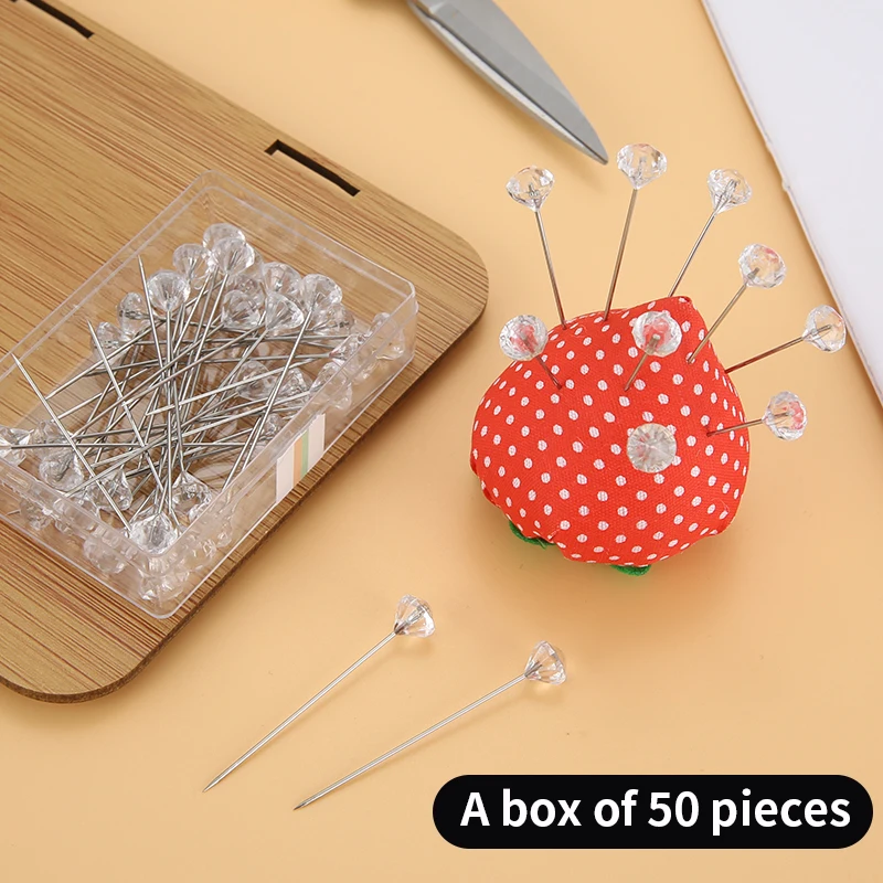 Sewing Pins Alloy Pins Transparent Diamond Pin DIY Wedding Bouquet Pins Stitching Needles Plastic Box Sewing Accessories 1/2Box 50/100Pcs
