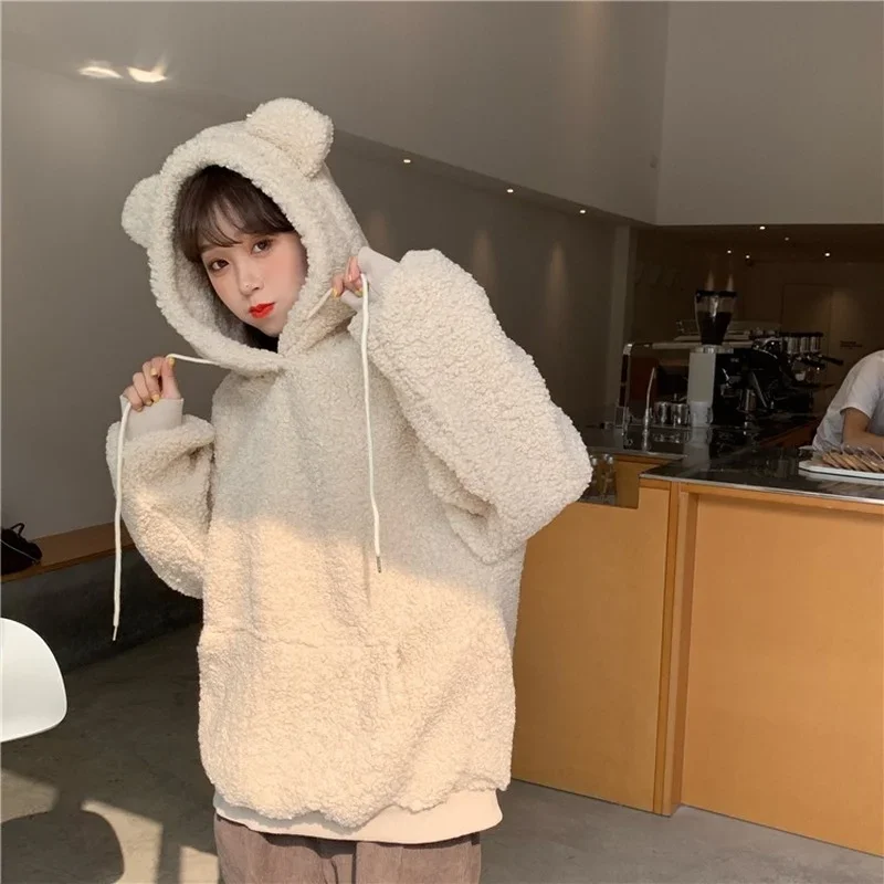 2023 Winter Warm Wool Bear Ear Hooded Sweatshirt Oversized Hoodies Tops Women Korean Style Students Plus Size Hooded Pullover