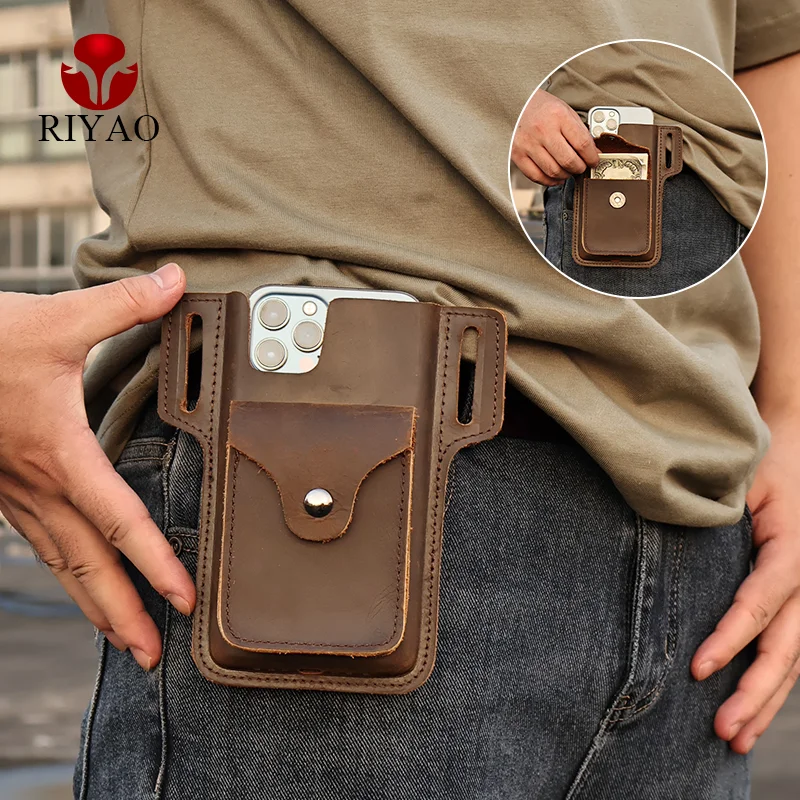 Brown Leather Cell Phone Holster Mens Belt Pouch Leather Cigarette