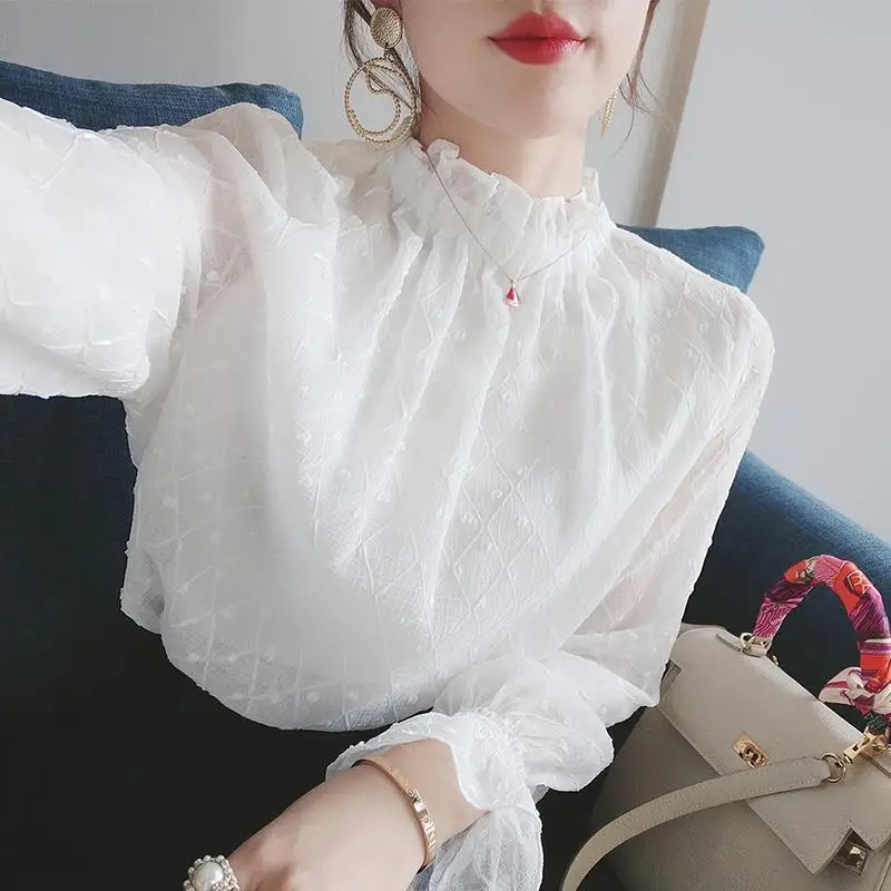 

Тонкий/толстый белый топ, Женская однотонная шифоновая рубашка с воротником-стойкой и оборками, блузка с длинным рукавом