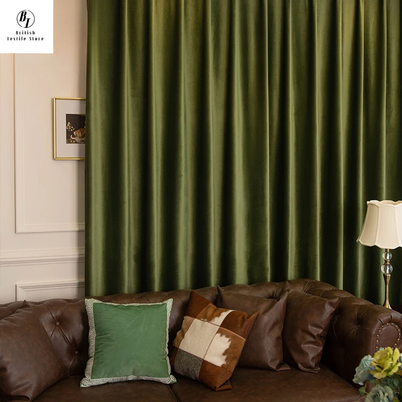 European Olive Green Curtains for Living Room Bedroom Dining Thicken Silk Velvet Blackout Velvet Decor Custom Size White Tulle 4