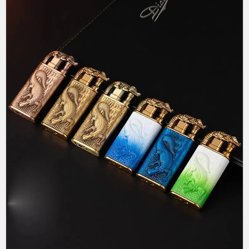 Creative 3D Embossed Crocodile Double Fire Lighter Metal Windproof Jet Fire Open Flame Convertible Gas Lighter Gift butane gas lighter cigarette lighter
