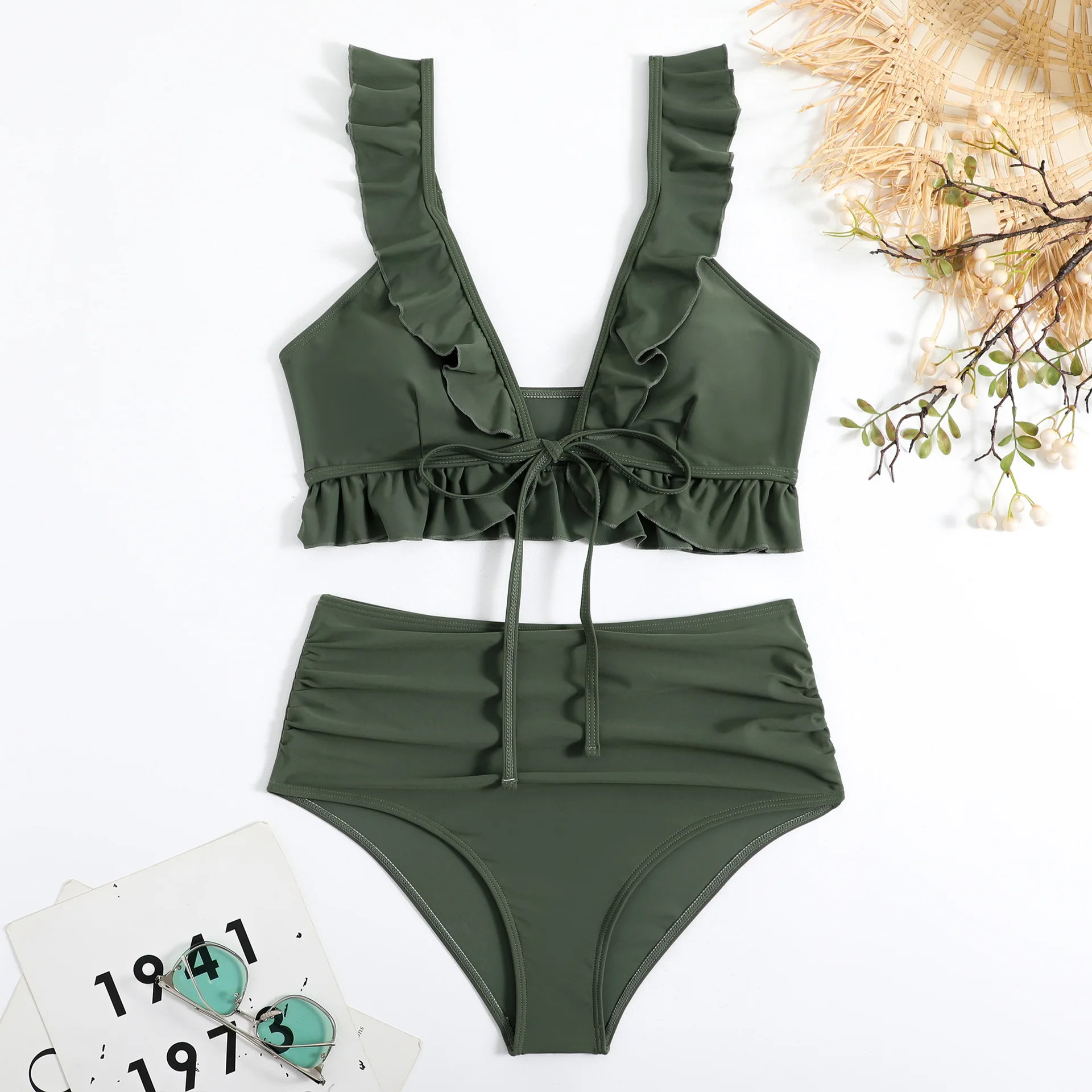 

Женские комплекты бикини с оборками и завязками, купальник из двух предметов, стринги с высокой талией, купальник, купальный костюм, пляжная одежда, бикини