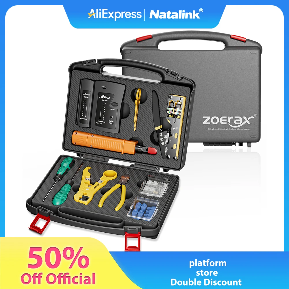 RJ45 CAT6 압착 도구 키트 (다용도 압착기, 케이블 테스터, 펀치 다운 툴, 스트리퍼 커터, 커넥터 및 부츠 포함)