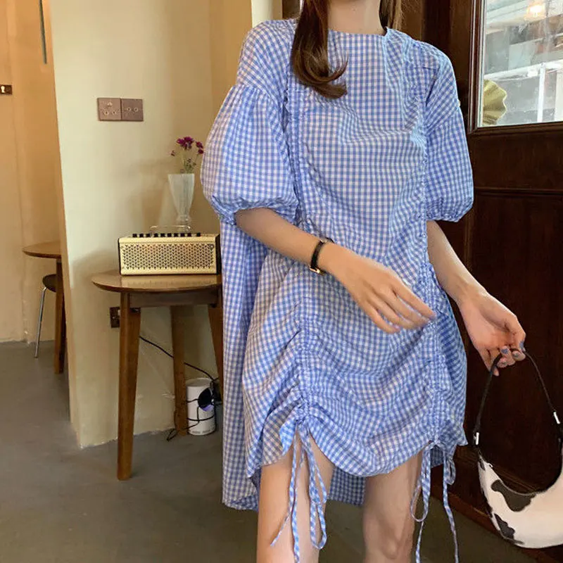 

Short Sleeve O-neck Pullovers Drawstring Dresses Printing Pleated Fashion Loose Simplicity Plaid Thin Summer Women's Clothing