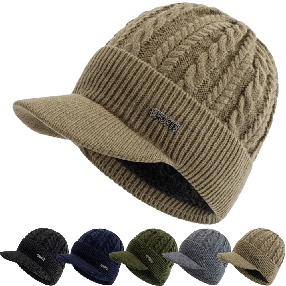 Heißer Verkauf Unisex Wintermütze mit Krempe, pelzgefütterte Beanie-Mütze, Sportetikett, gemütliche Strickmützen für Männer und Frauen – Detail 2