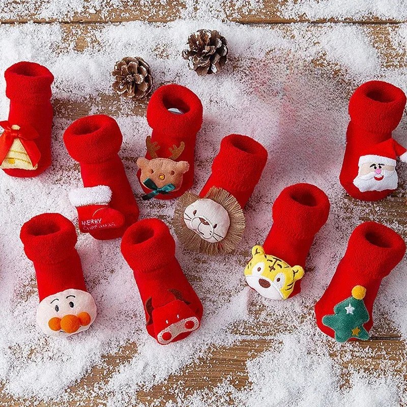 

Cartoon Baby Sock Winter Newborn Elk Tree Christmas Red Thick Warm Stocking Infant Anti-slip Floor Terry Sock Christmas Gift