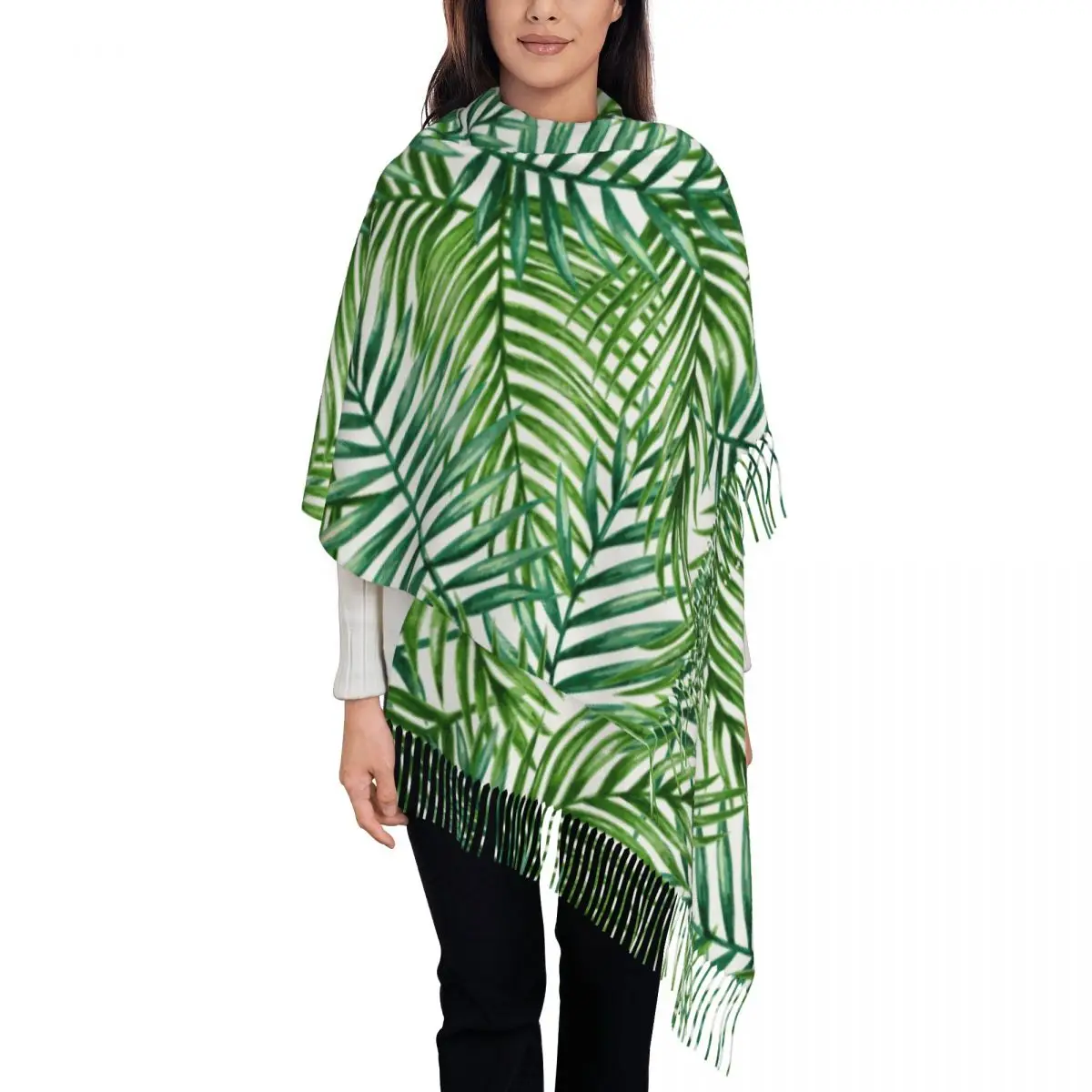 

Winter Tassel Scarf Watercolor Tropical Palm Leaves Cashmere Scarves Neck Head Warm Pashmina Lady Shawl Wrap Bandana