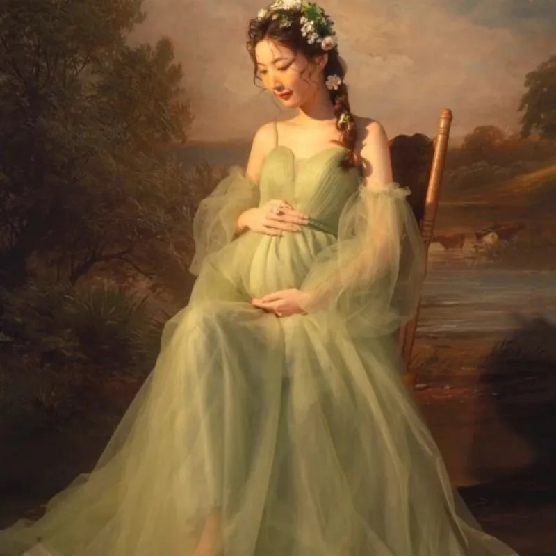 Maternity Photography Dress Baby Shower Party Dress Pregannt Green Tulle Sheath Dress Sweet Tea Party Dress Pregnancy Photoshoot