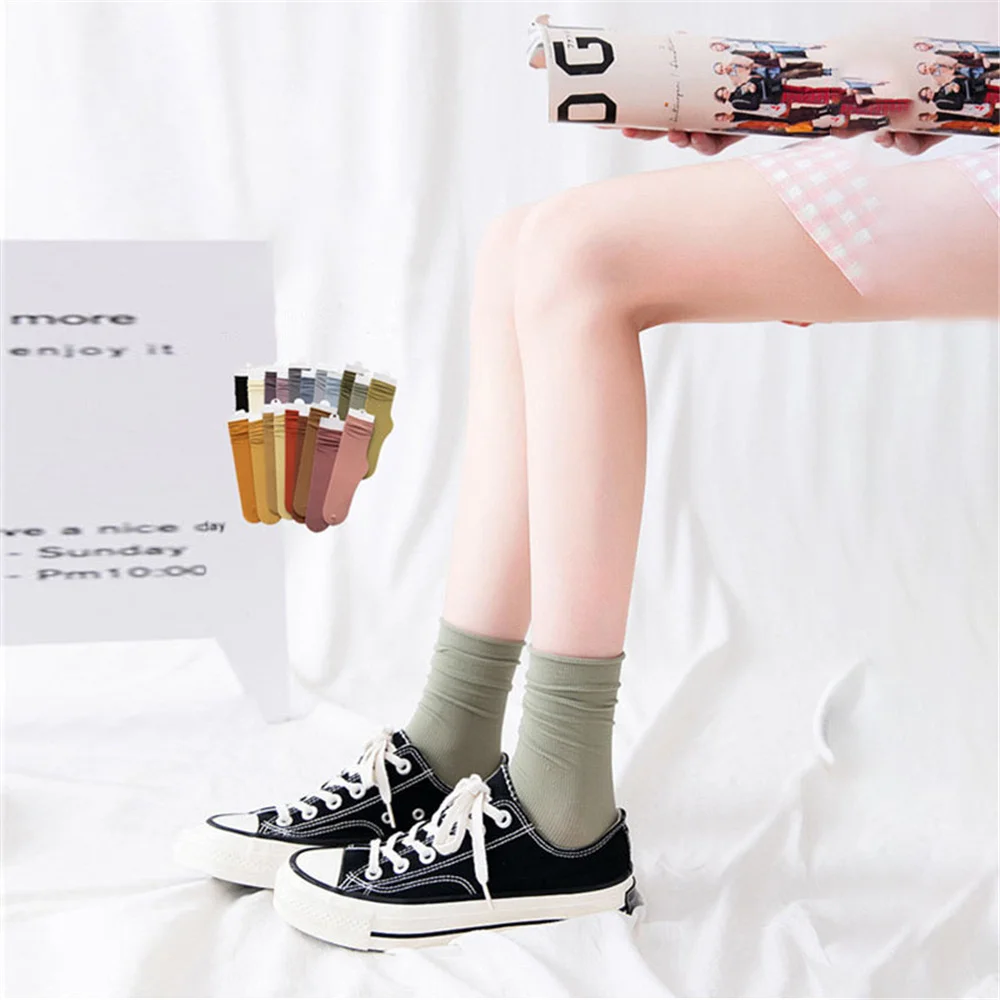 Women Girls Summer Thin Loose Socks Velvet Soft Breathable Long Socks Solid Color Black White Khaki Beige Harajuku High