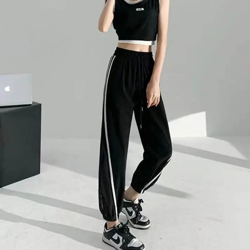 2024 Summer Loose Casual Sports Style Drawstring Elastic Waist Color Blocking Mesh Patchwork Ankle Tied Harlan Pants for Women
