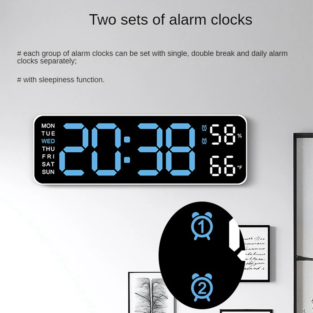 Digital Wall Clock Large Digital Wall Clock Temperature and Humidity Week Display Brightness Adjustable Electronic LED Table Alarm Clock 12/24H