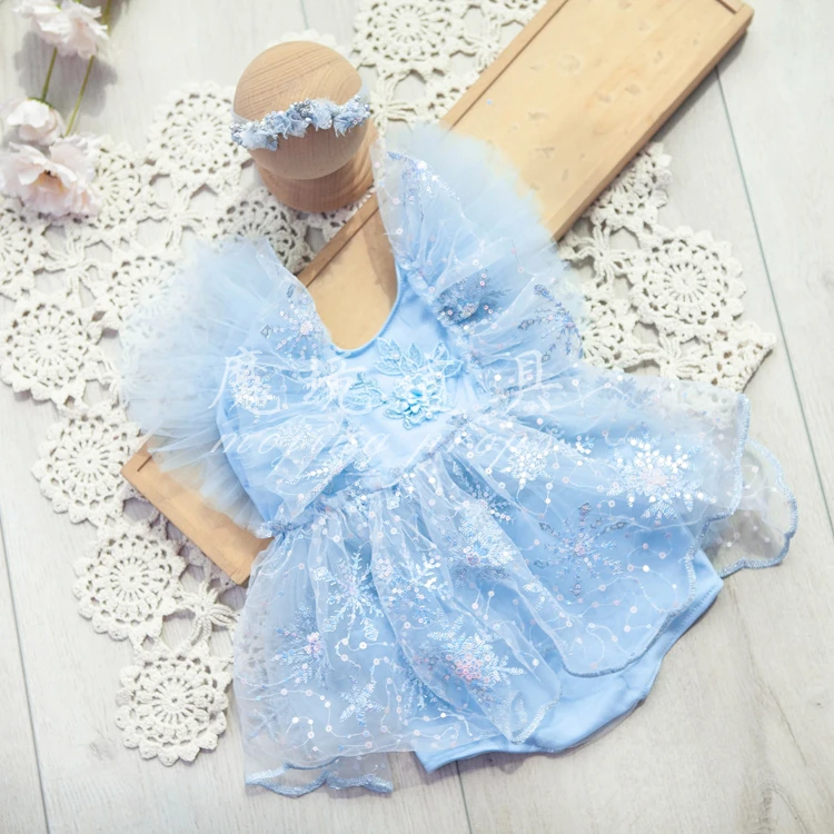 Dvotinst Newborn Baby Girls Photography Props Blue Princess Dress Floral Headband 2pcs Set Fotografia Studio Shoot Photo Props