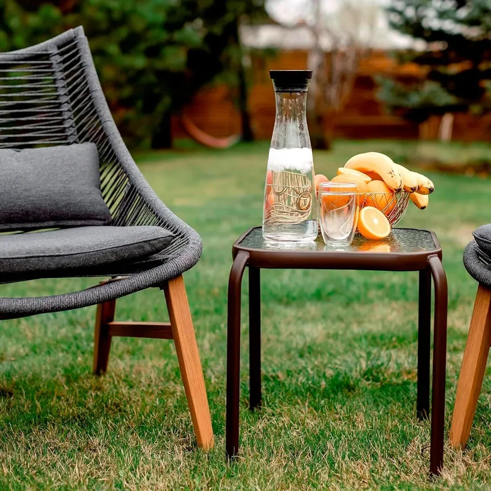 Bronze Metal Outdoor Side Table with Tempered Glass Top &ndash; Elegant Small 16" Square Patio Table &ndash; Durable Weather-Resistant Coffe