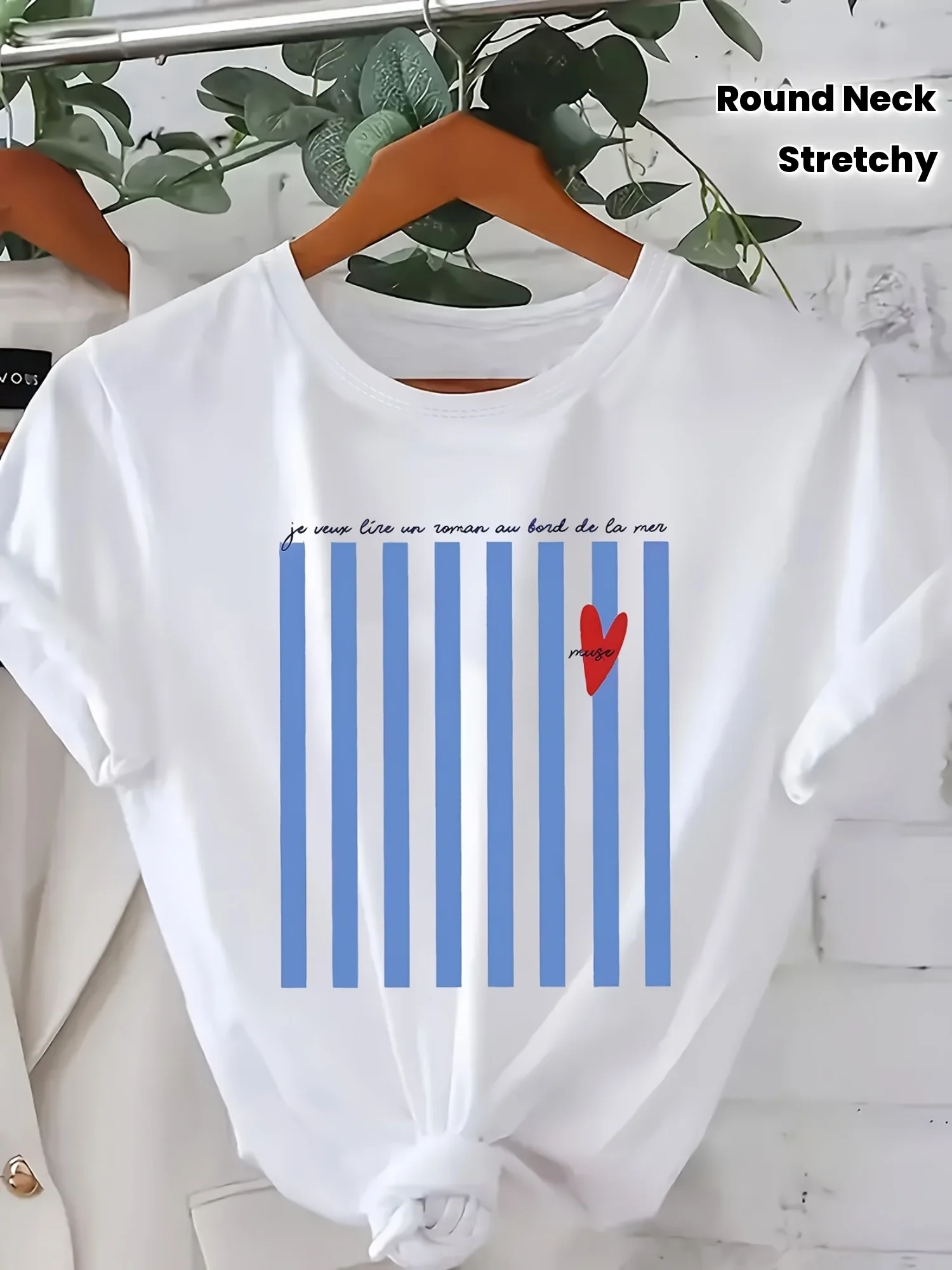 Light Blue Striped Pattern Printed Summer T-shirt for Women Round Neck Short Sleeved Casual Women's T-shirt Clothing 1