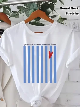 Light Blue Striped Pattern Printed Summer T-shirt for Women Round Neck Short Sleeved Casual Women's T-shirt Clothing 1