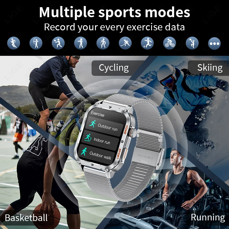 LIGE Smart Watch Military 2.01'' Large Screen Health Monitor Bluetooth Call Watches Waterproof Sports Smartwatch For Android IOS