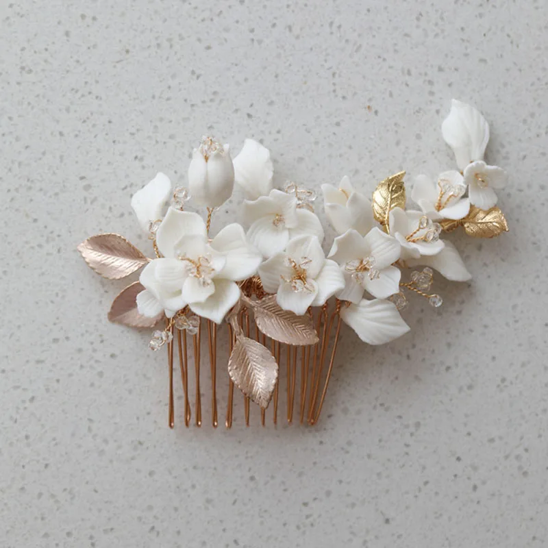 SLBRIDAL Handmade Freshwater Pearls Ceram Flower Bridal Hair Comb Earrings Set Wedding Headpieces Women Jewelry Hair Accessories