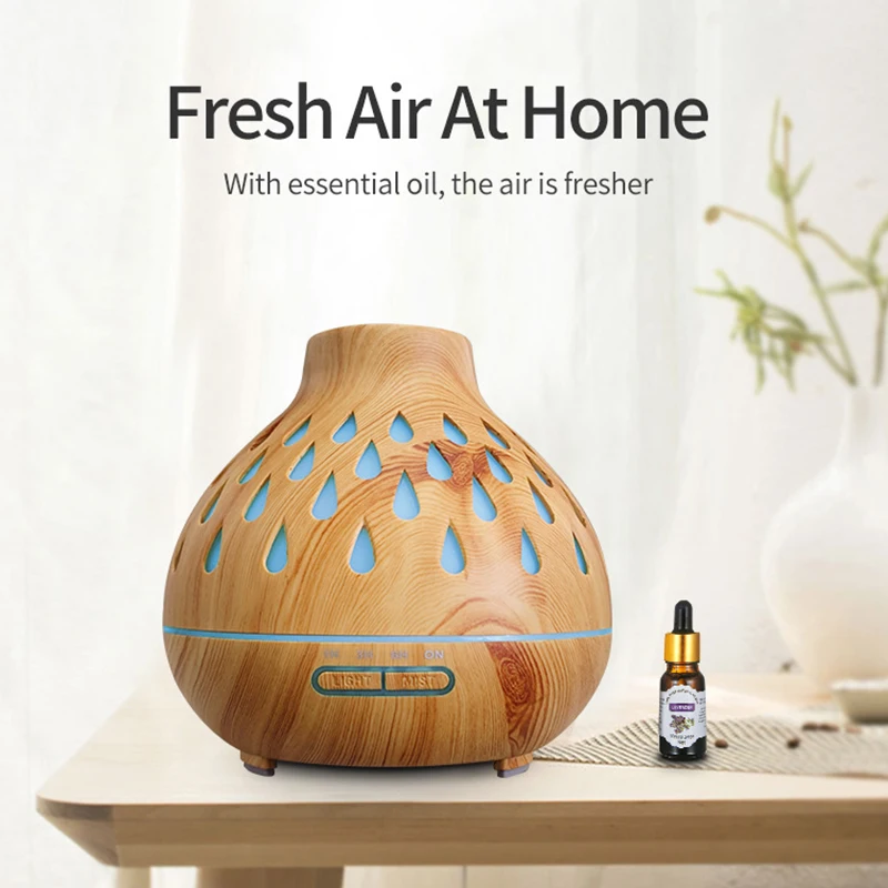 

400ml Water Drop Wood Grain Humidifier Night Light 2Color 10W USB Timing Remote Control Aroma Diffuser