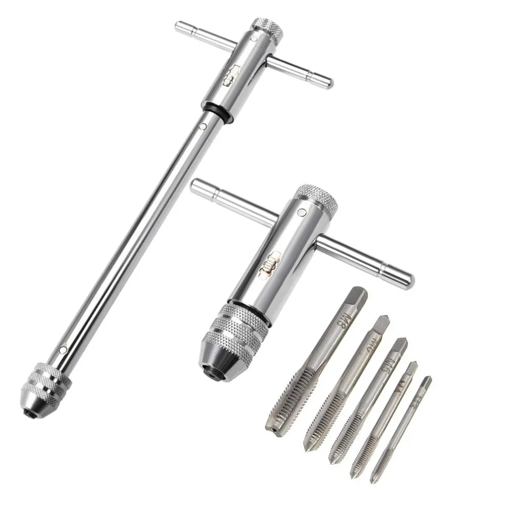 AdjustableSilverTHandleRatchetTapHolderWrenchwith5pcsM3M8