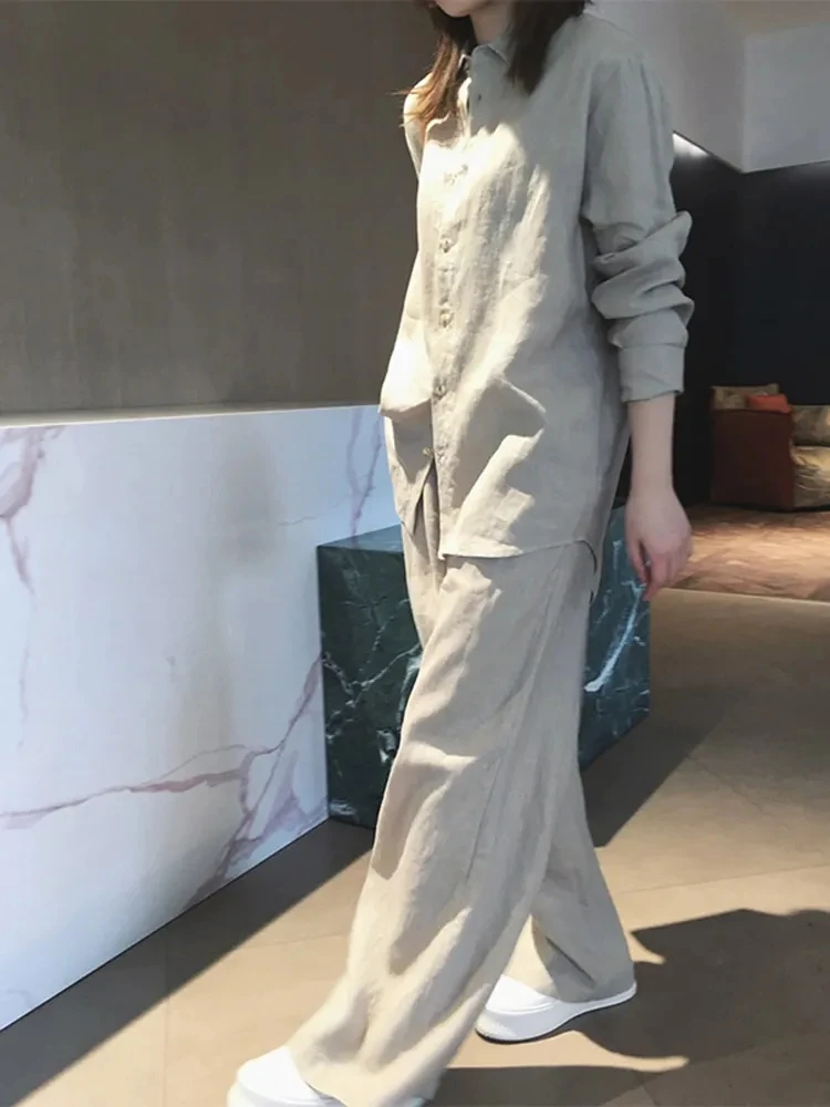 

100% Cotton Women's Set Linen Long Sleeve Shirt Pants Suit Wide Leg Pant Tracksuit Two Piece Set Loose Trousers Outfits Size XXL