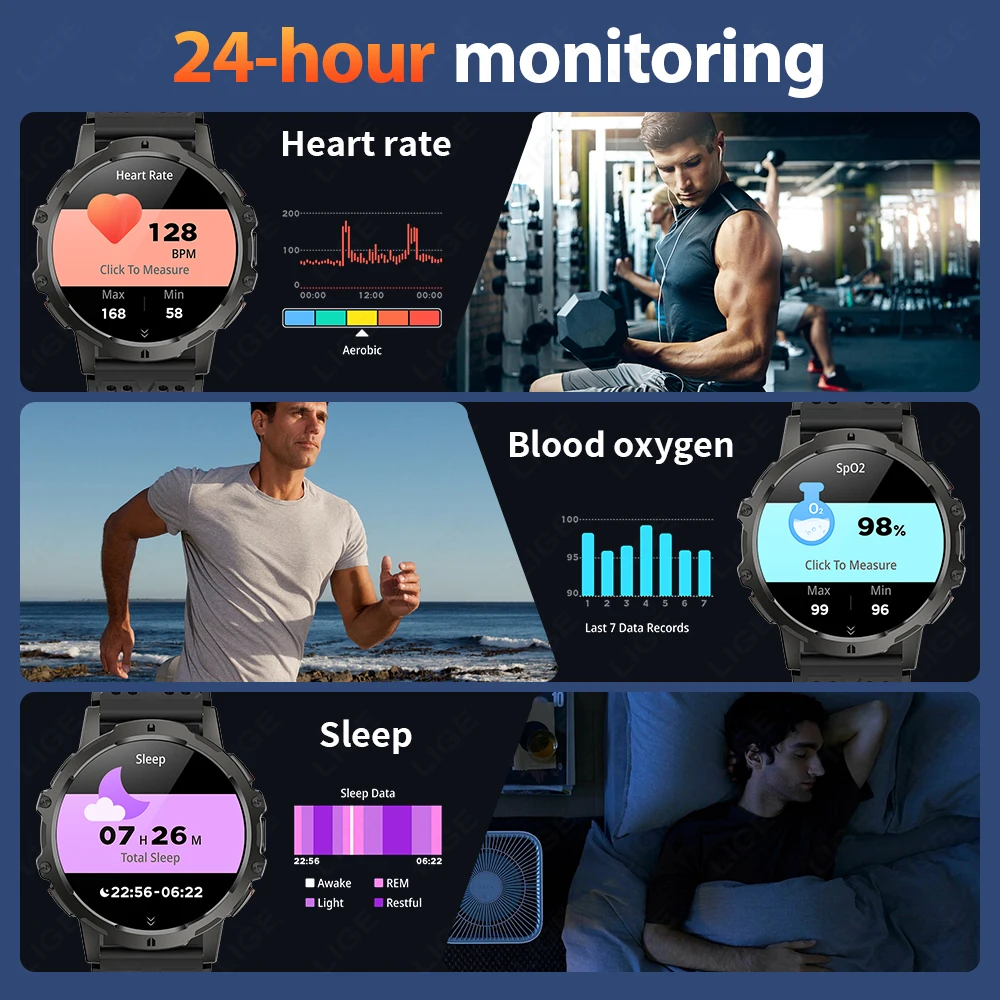 LIGE 2025 New 1000mAh Smart Watch Men Sport Fitness LED Flashlight 3ATM Waterproof 1.7-inch BT Call Smartwatch For HUAWEI XIAOMI