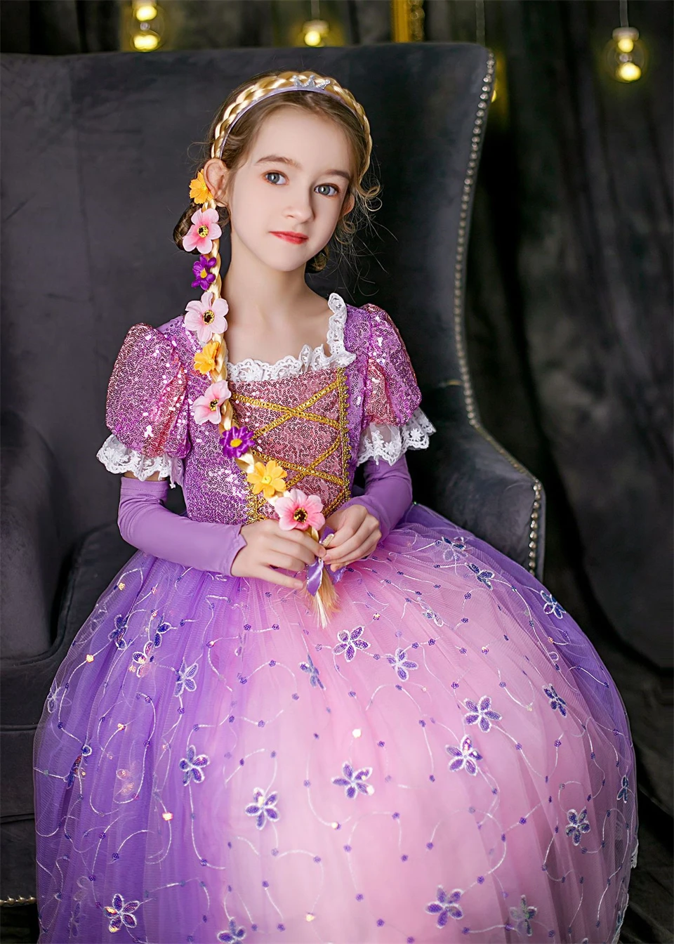 High Quality Girl Rapunzel Wig + Princess Dress Halloween Child Sleeping Beauty Cosplay Sofia Tulle Tutu Ball Gown Kids Clothing dresses expensive