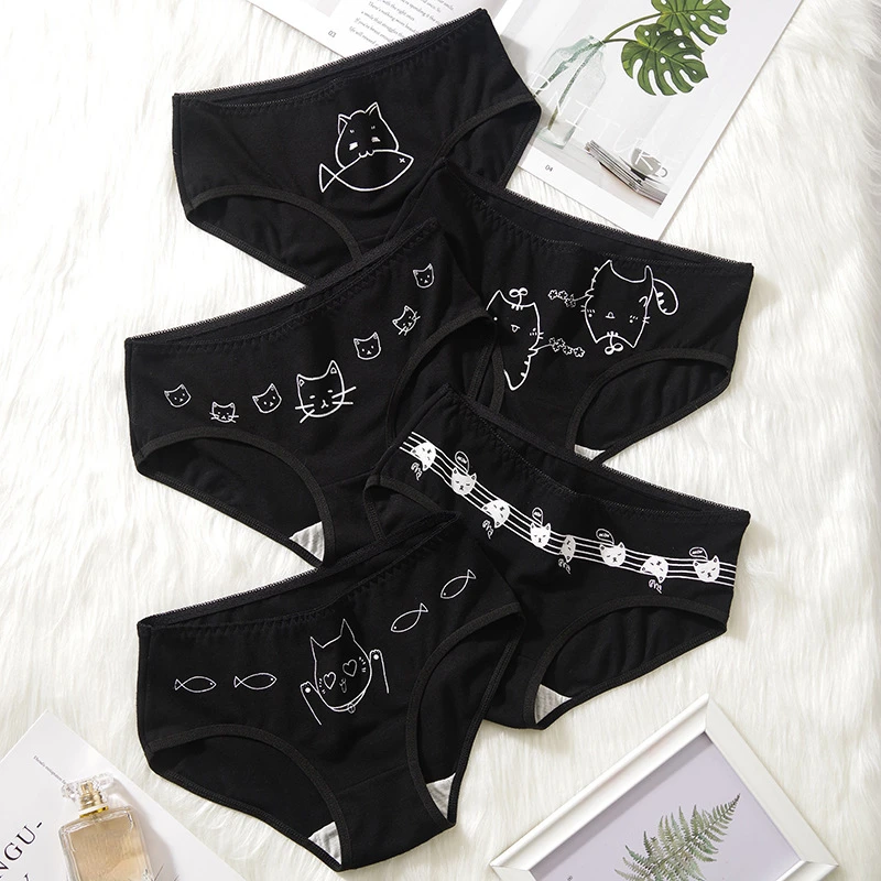 

5Pcs/set Cotton Underwear Cute Cartoon Cat Panties for Woman Girl Soft Pantys Plus Size Breathable Briefs Female Sexy Lingerie