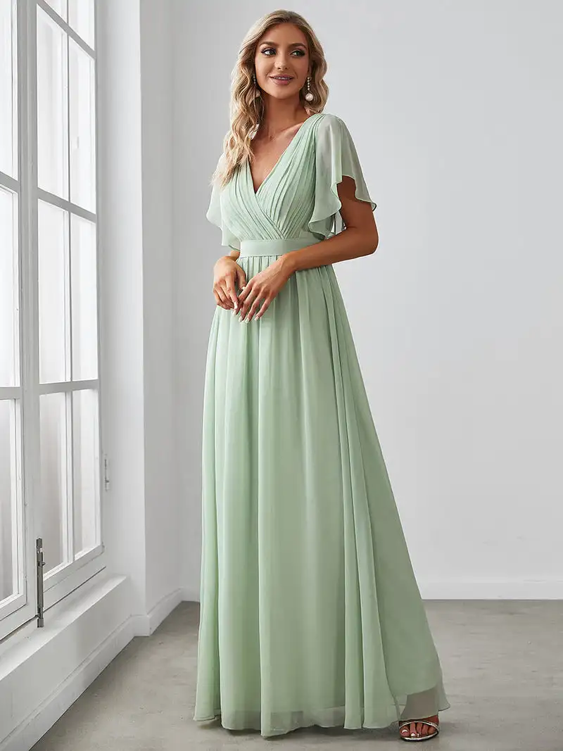 Elegant Evening dresses Long A LINE Short Sleeve V-Neck Chiffon Floor-Length Gown 2024 of Mint Green Simple Prom Women Dress