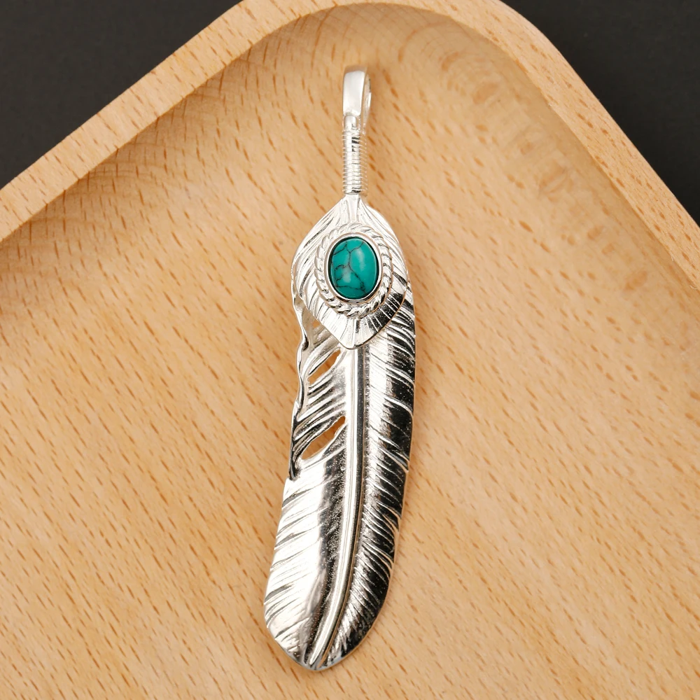 Pure 925 Sterling Thai Silver Feather Pendant Turquoise