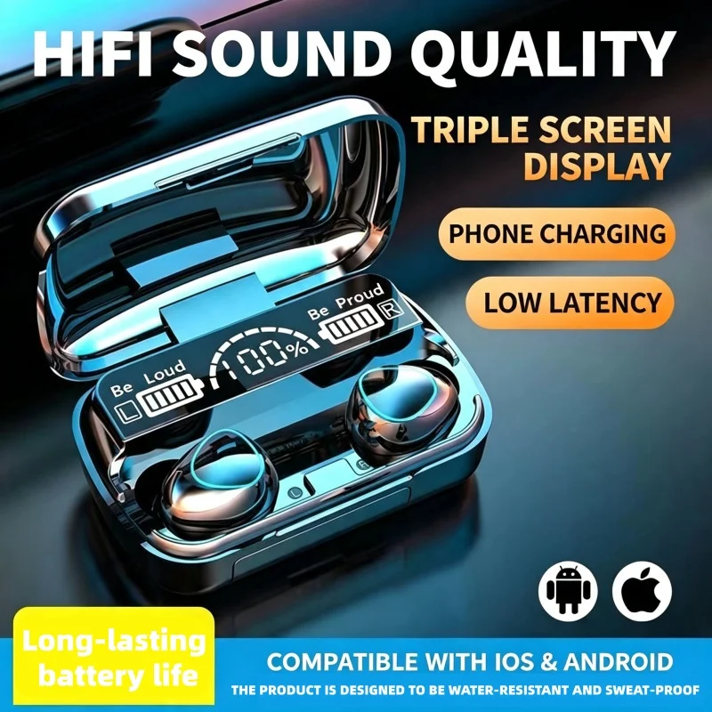 Bluetooth 5.2 Waterproof Sports Earbuds with LED Display and Noise Cancelling Features
