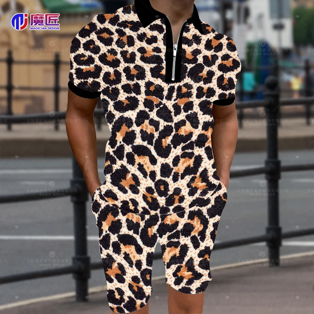 2023 Summer Men's Leopard Print Colorful 3D Zipper Lapel Shirt