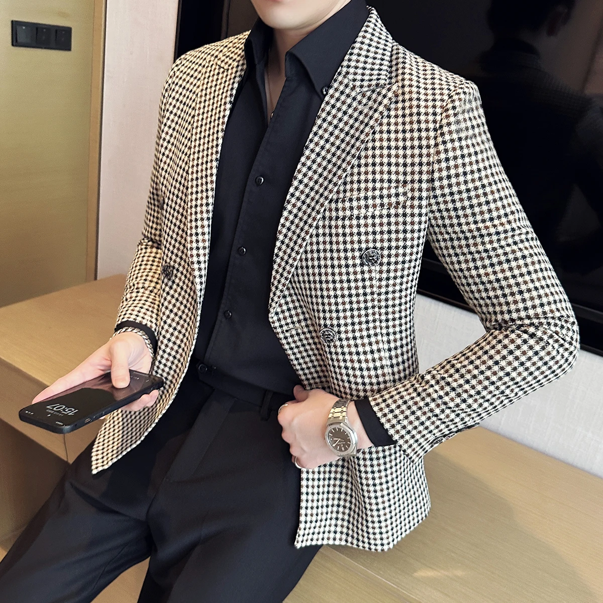 British Style Fashion Double Breasted Casual Blazer Coat Men Check Slim Fit Suit Jacket Formal Office Wedding Tuxedo Jacket