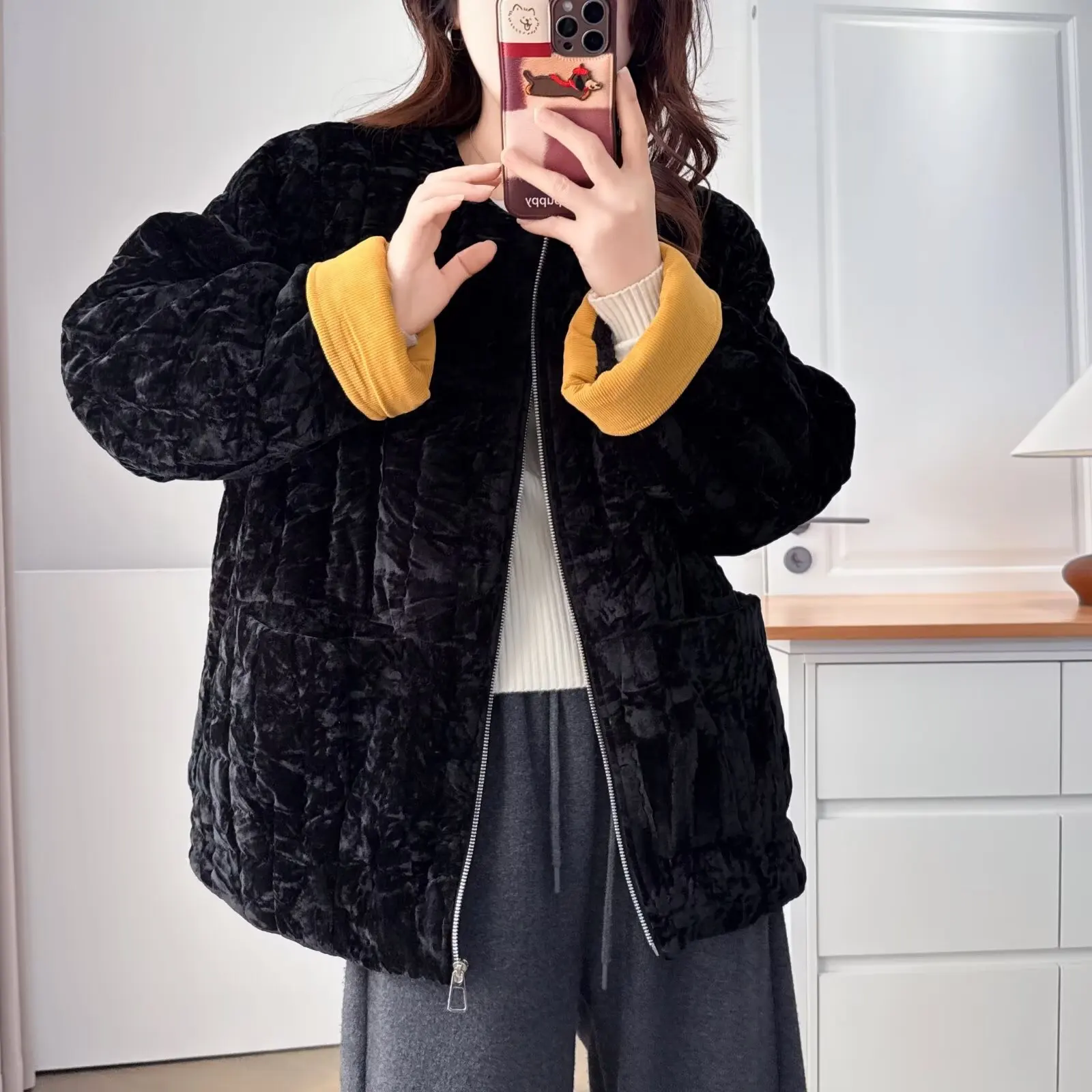 XXXXL Fashion Plus Size Women's Parkas Winter Pleuche Color Blocked Fleece Warm Collarless Coat Casual Padded Jacket 555