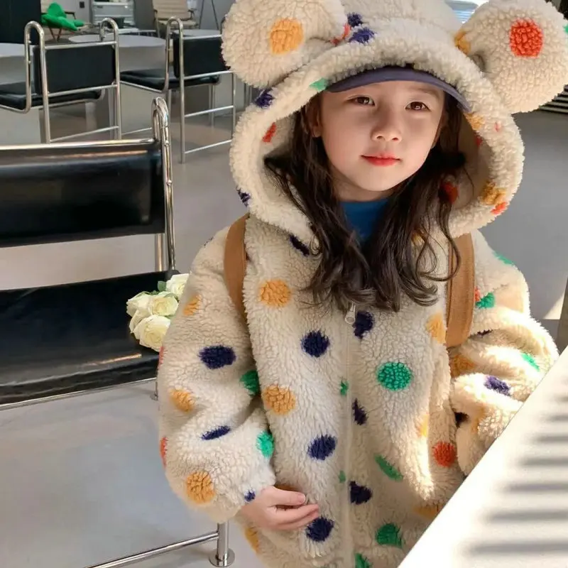 Girls' coat rainbow dot hooded with big ears plush thickened coat top winter new children's wear clothing
