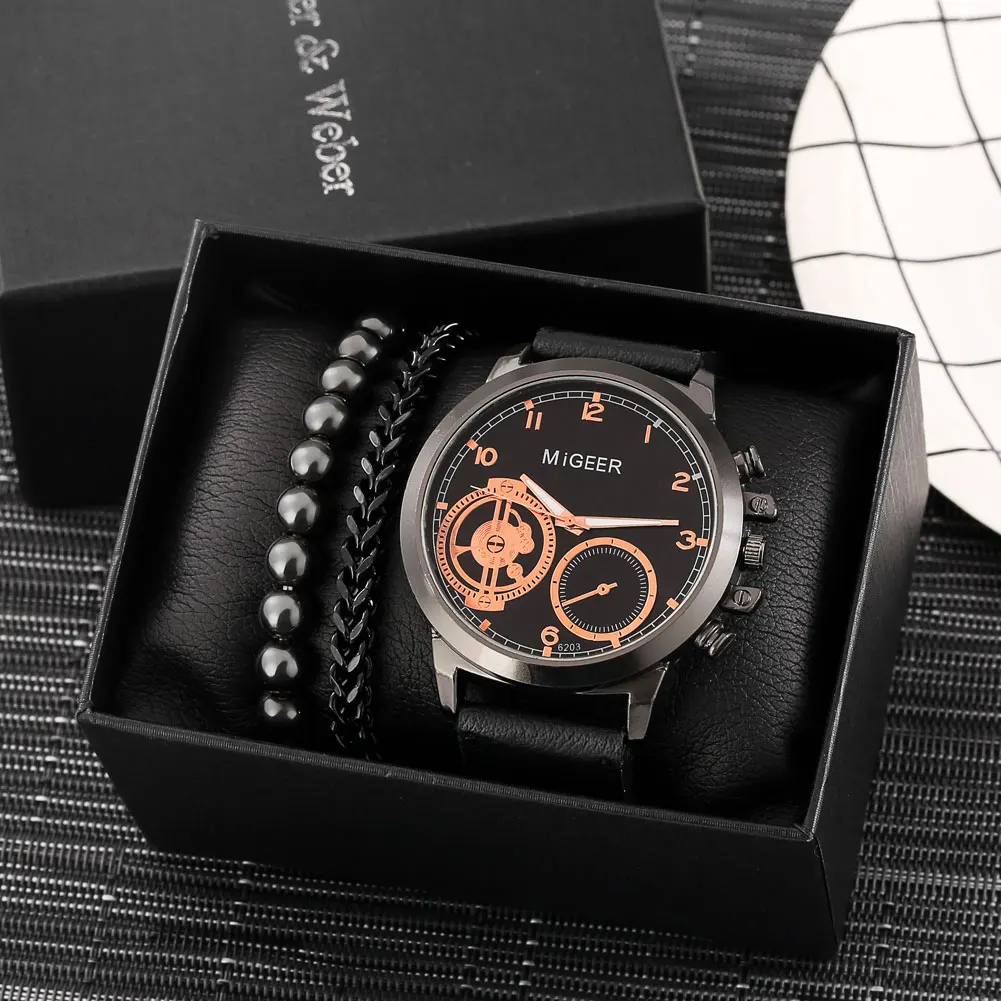 Premium Gold Watch Bracelet Set Men Luxury Leather Wristwatch Quartz Numerals Dial Male Elasticity Bangles Gift Box for Husband