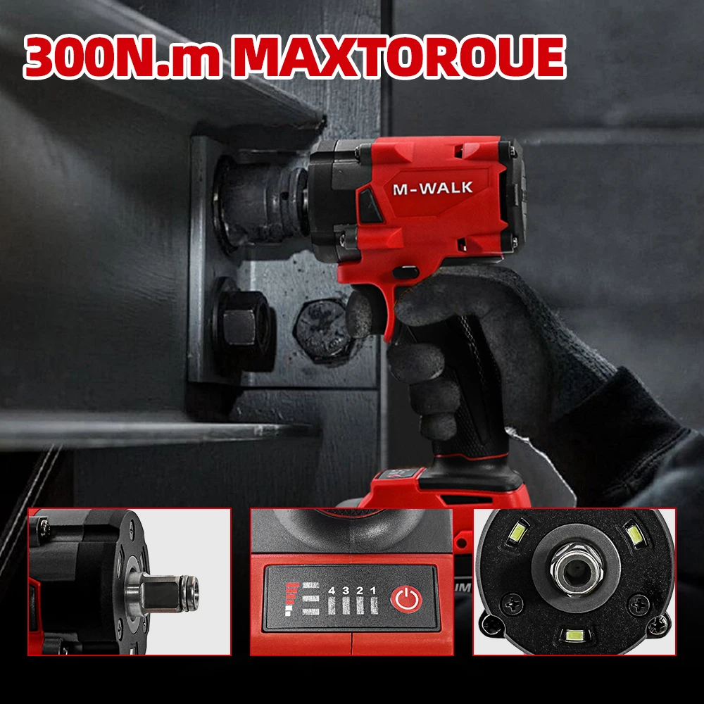 Impact Wrench 300N.M Brushless Electric Cordless 1/2 in Screwdriver Car Repair Power Tools For Milwaukee 18V battery Pins