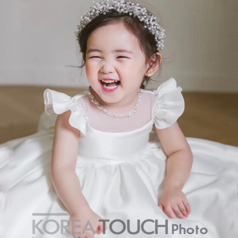 

Girls O Neck Ball Gown Solid Dresses Elegant Cute Dress Button Fly Sleeve Princess Party Pearls Casual New 2023 Birthday Prom