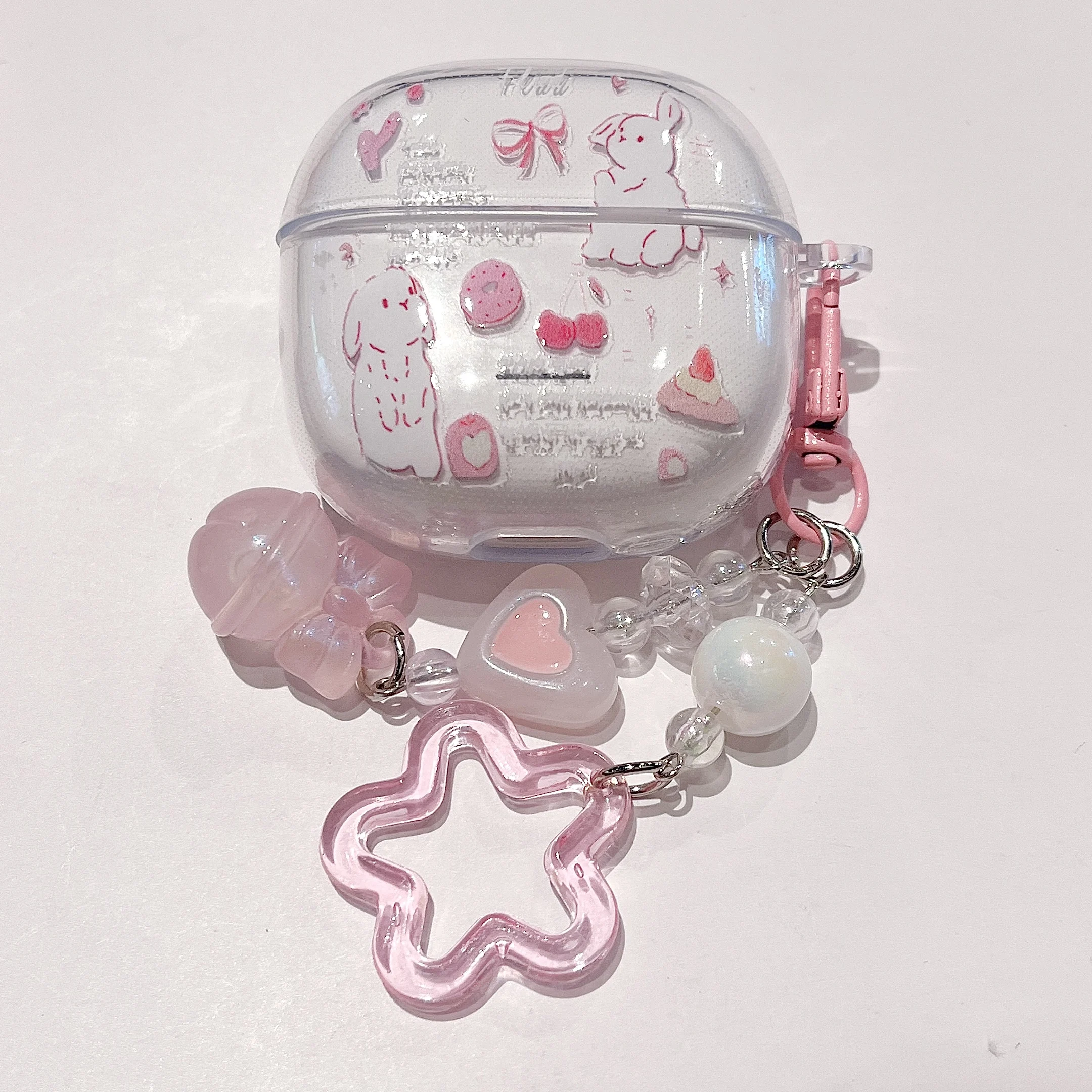 Adorable Clear TPU Earphone Case with Chain Keychain and Cartoon Flower Bear Design
