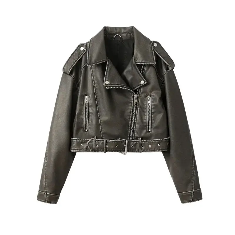 

RARF 2023New Coal graysty le Women's washed leather jacket with belt, short coat with downgraded zipper and vintage lapel jacket