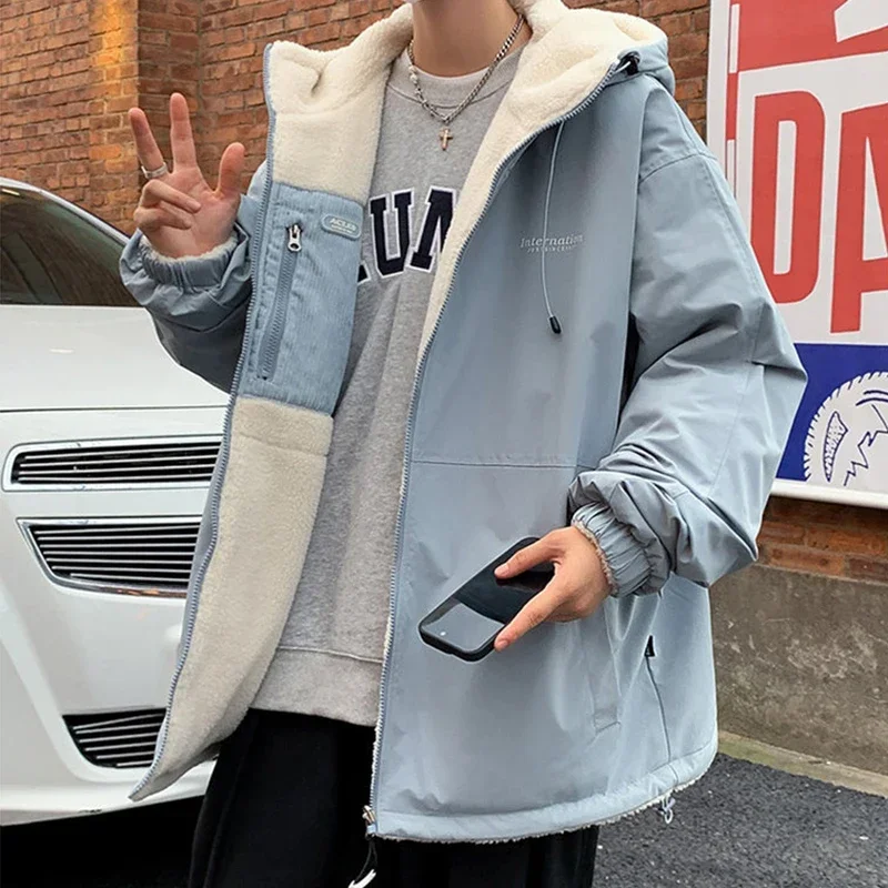 Casual Warm Fleece Parkas Men Solid Hooded Winter Padded Jackets Male Loose Two Sided Dressing Coats Man