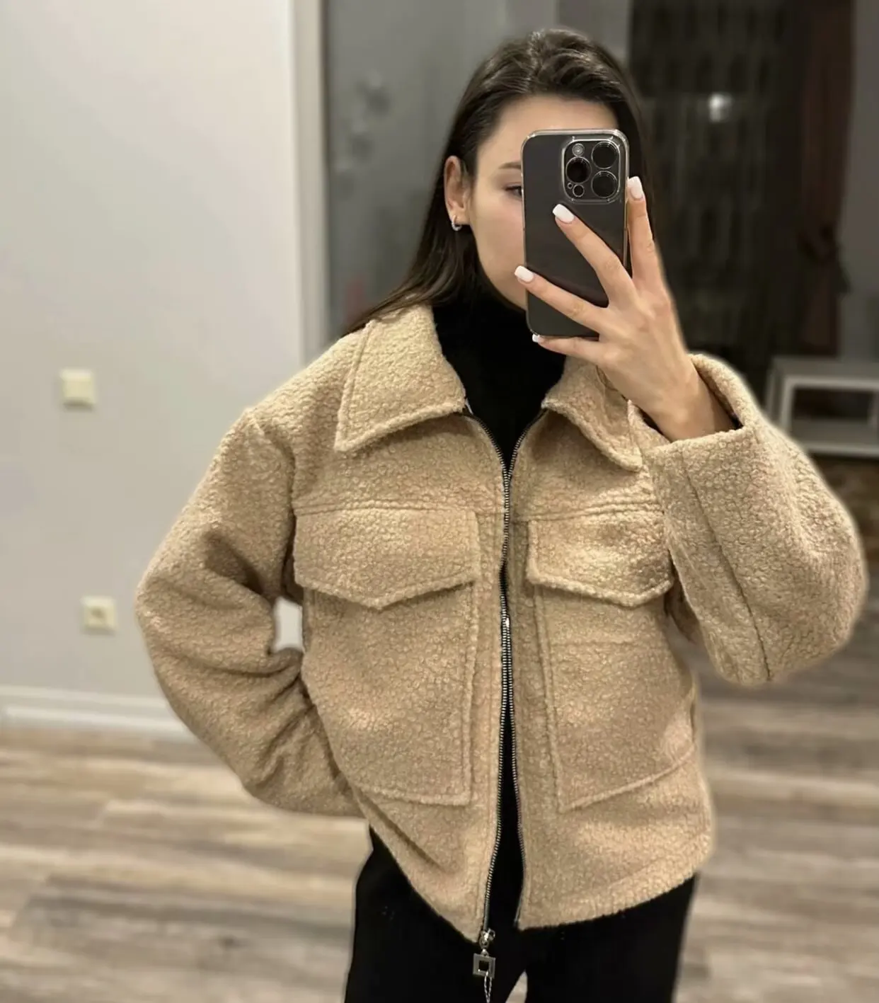 2024 Women's Elegant Solid Coat Zipper Long Sleeve Pocket Bomber Jacket Female Casual Soft Woolen Loose Streetwear Coats 2