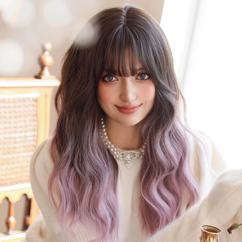 HAIRCUBE Lunghe Parrucche Ondulate Con Bangs Ombre Parrucche Bionde - Foto 6