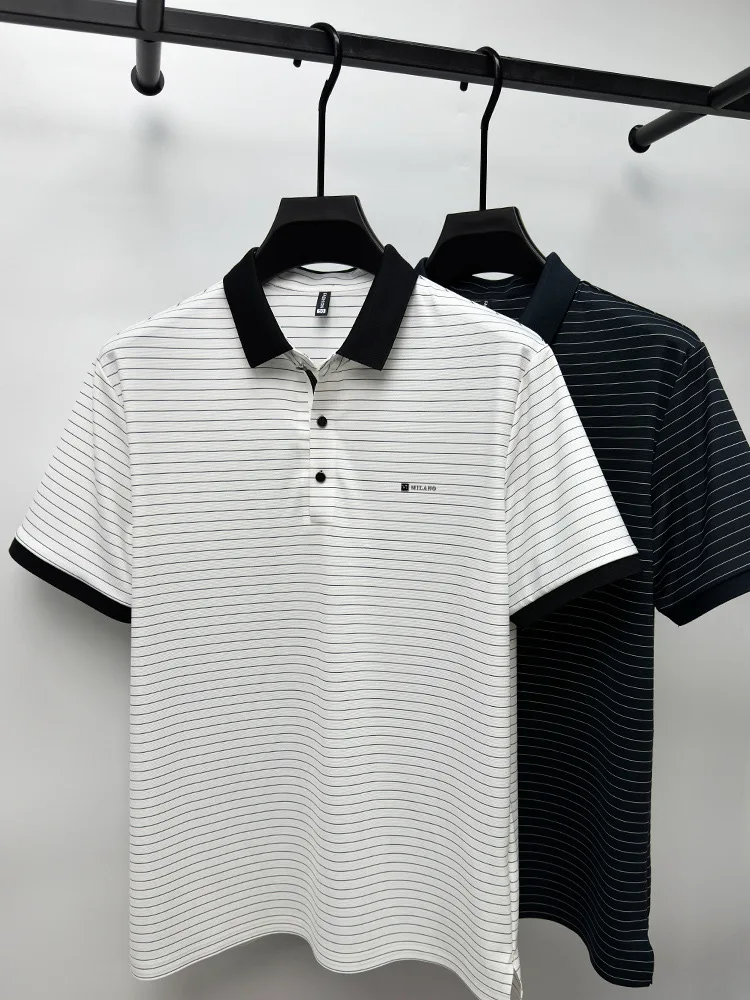 Advanced Ice Silk Breathable Short sleeve T-shirt for Men's 2024Summer New Trendy Stripe Letter Print Business Casual Polo Shirt 10 Sb99100078e414842a5a8fbf88081b131h