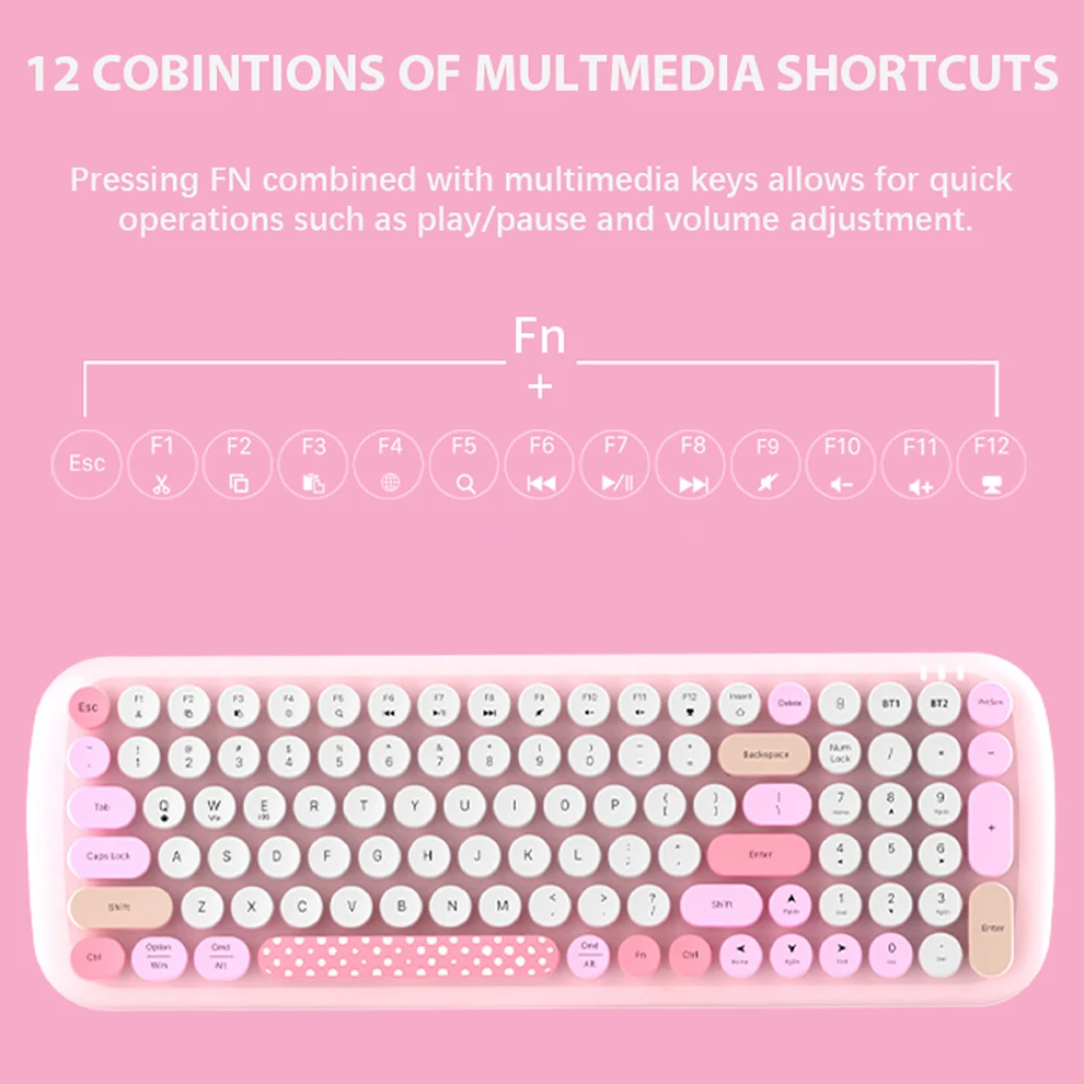 BOW Niedliches 2,4-GHz-Funk-Bluetooth-Tastatur-Maus-Set mit runden Tastenkappen für PC, Laptop, Smartphone und Tablet_voghion.com