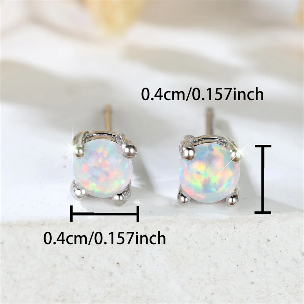 White Fire Opal Small Round Stone Stud Earrings For Women Vintage Silver Color Wedding Earring Minimalist Jewelry Valentine Gift